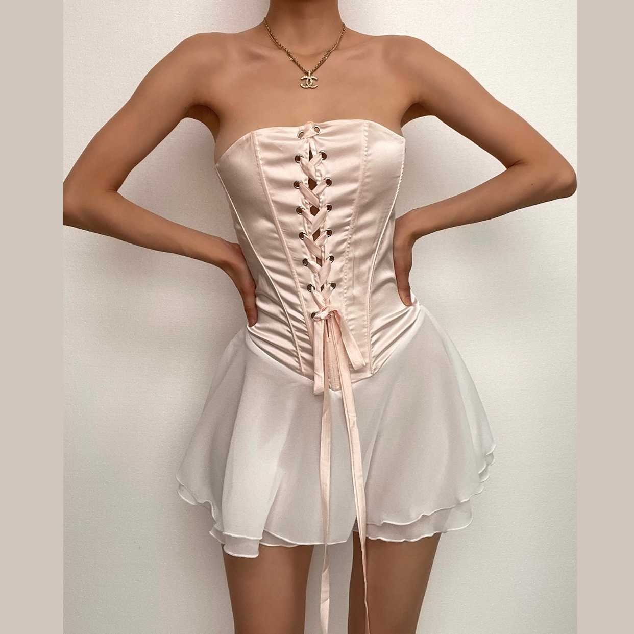 Y2K Lace-Up Ruffle Backless Tube Mini Dress - Cute Grunge & Coquette Aesthetic Style