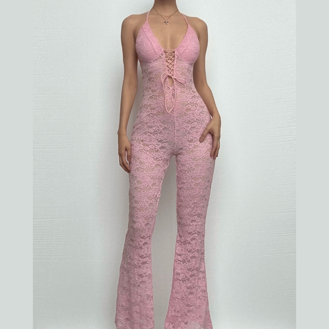 Y2K Lace-Up See-Through Jumpsuit - Grunge & Coquette Aesthetic for Trendy Outfits