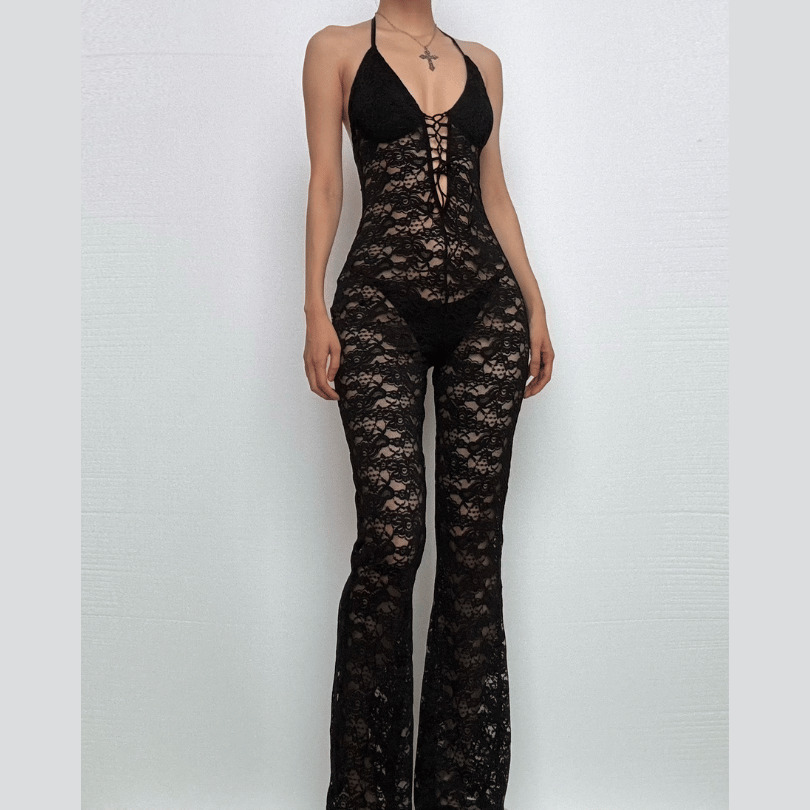 Y2K Lace-Up See-Through Jumpsuit - Grunge & Coquette Aesthetic for Trendy Outfits