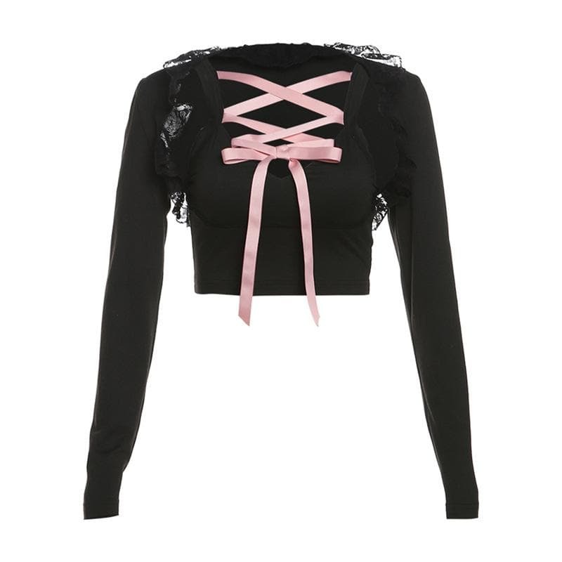 Y2K Lace-Up Shrug & Lace Hem Top Set - Cute Coquette & Grunge Aesthetic Outfit