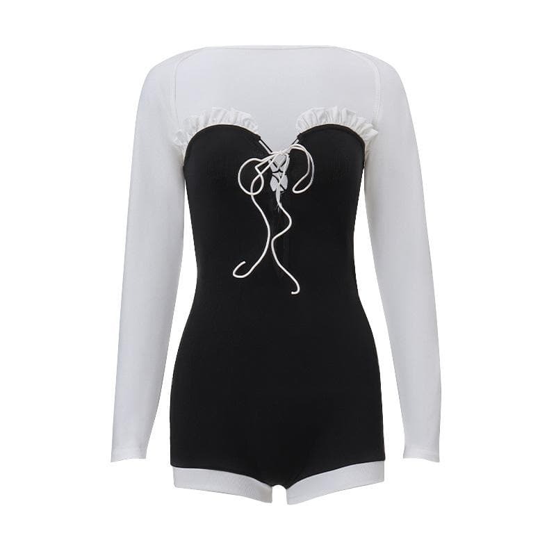 Y2K Lace-Up Shrug & Ribbed Contrast Romper Set - Cute Coquette & Grunge Aesthetic Outfit