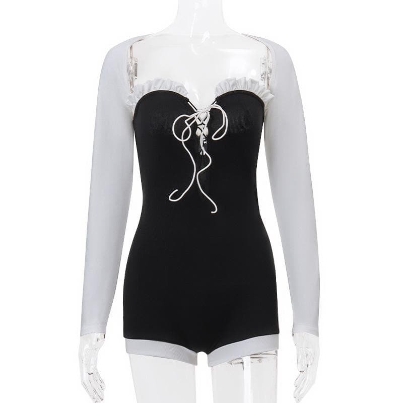 Y2K Lace-Up Shrug & Ribbed Contrast Romper Set - Cute Coquette & Grunge Aesthetic Outfit