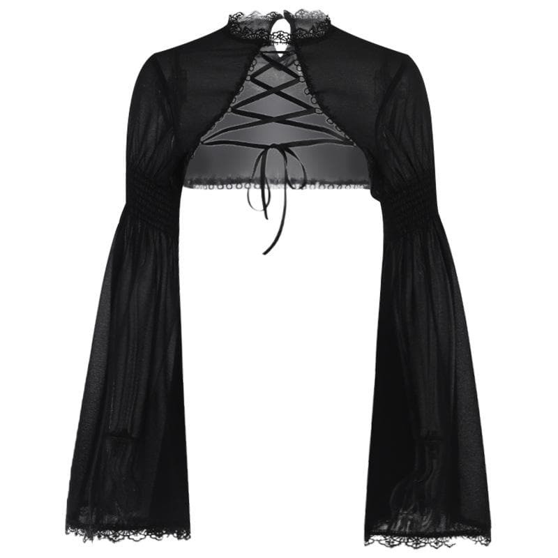 Y2K Lace-Up Shrug Top with Flared Sleeves - Cute Coquette & Grunge Aesthetic Style