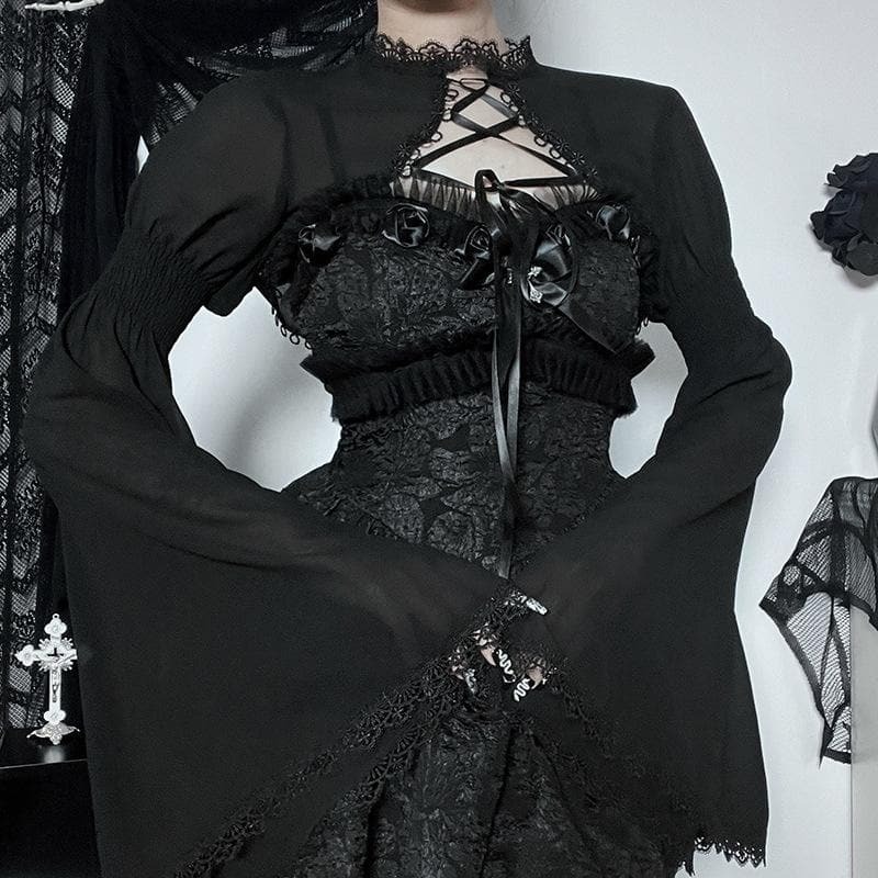 Y2K Lace-Up Shrug Top with Flared Sleeves - Cute Coquette & Grunge Aesthetic Style