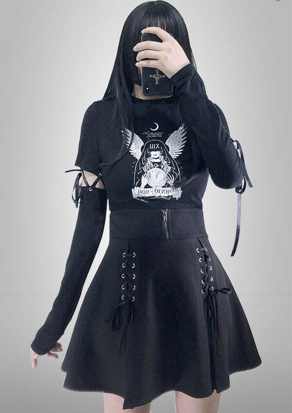 Y2K Lace-Up Sleeve Crop Top - Coquette & Grunge Aesthetic Cute Top for Aesthetic Outfits