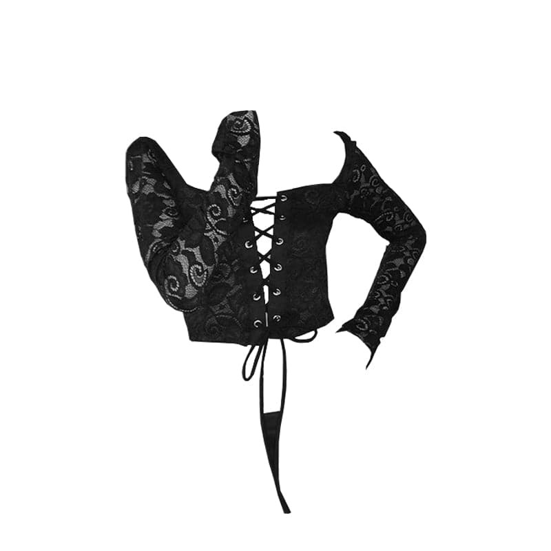 Y2K Lace-Up Square Neck Crop Top with Long Flared Sleeves - Coquette & Grunge Aesthetic