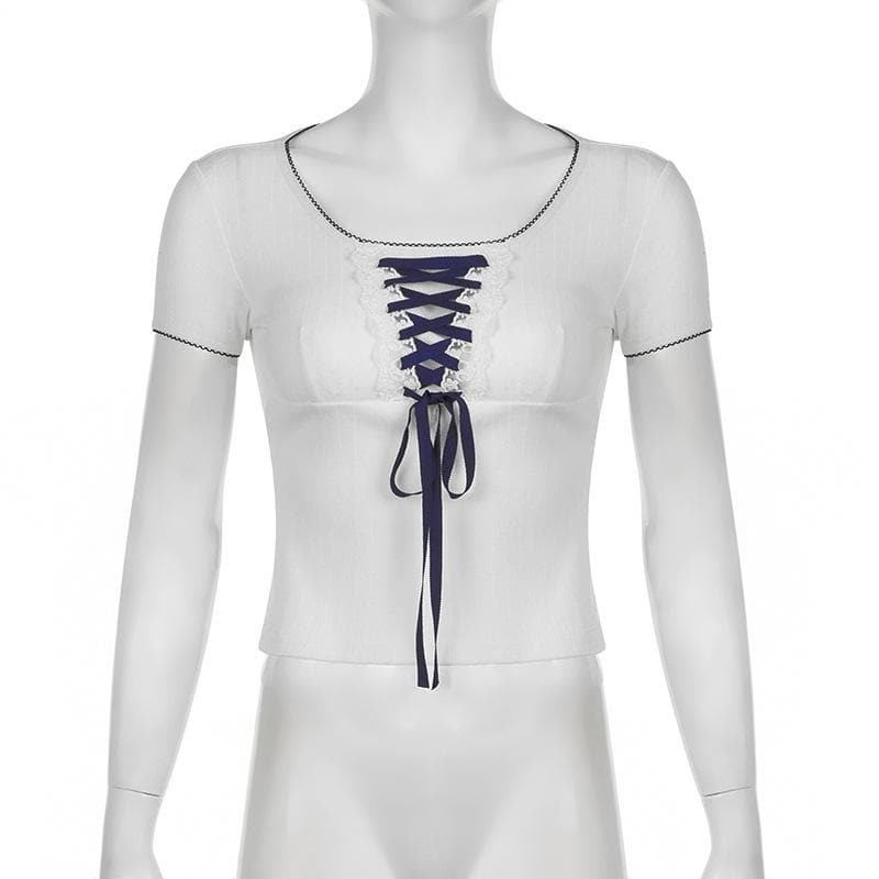 Y2K Lace-Up Textured Hem Top - Cute Grunge Aesthetic Shirt for Coquette Style Outfits