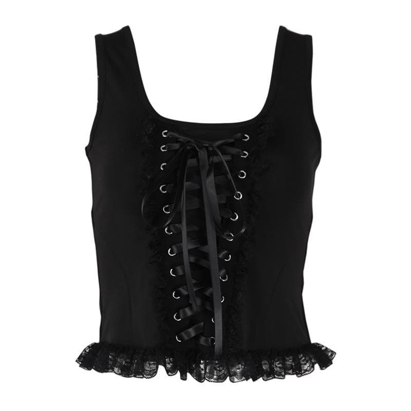 Y2K Lace-Up Zip Crop Top with Lace Hem - Cute Coquette & Grunge Aesthetic Style