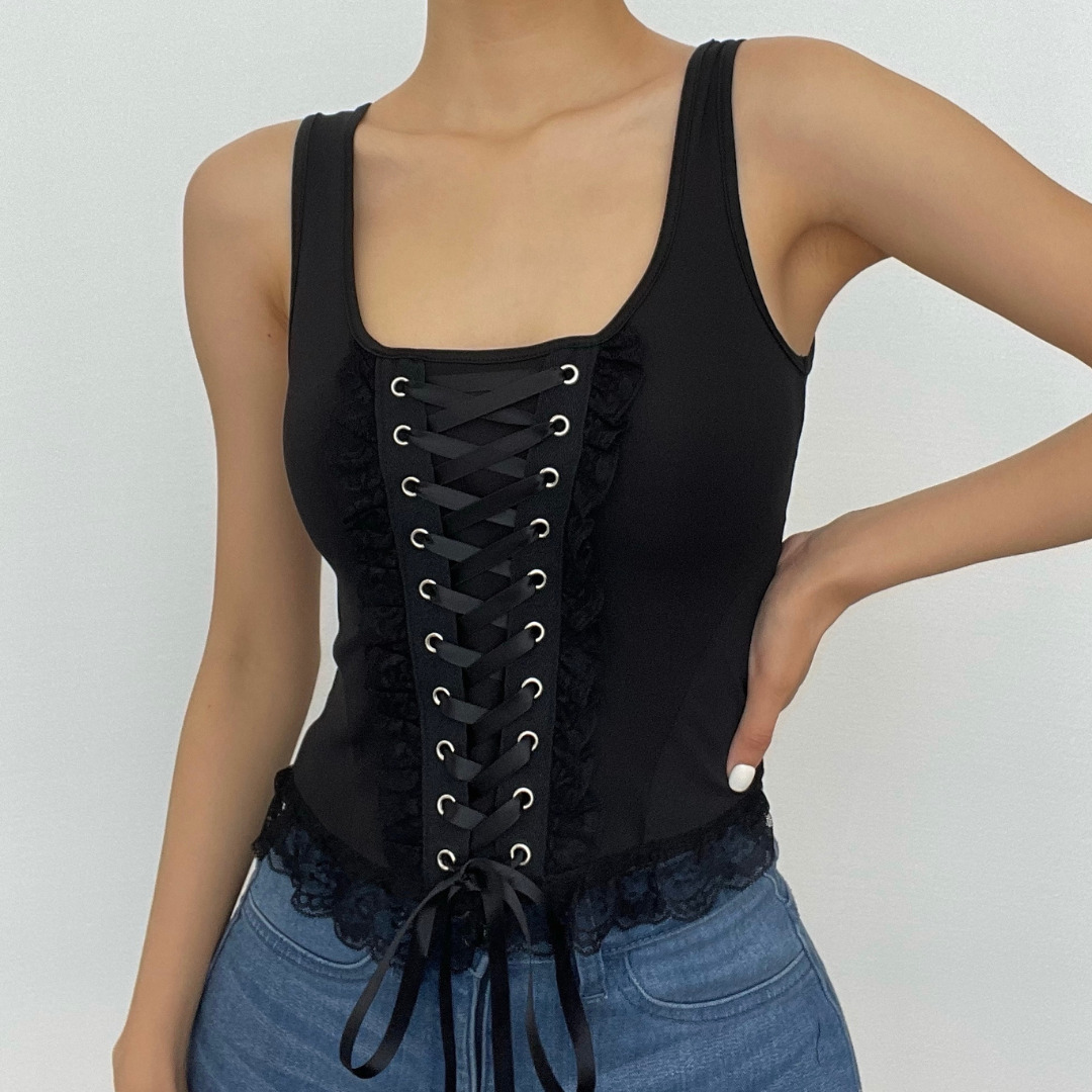 Y2K Lace-Up Zip Crop Top with Lace Hem - Cute Coquette & Grunge Aesthetic Style
