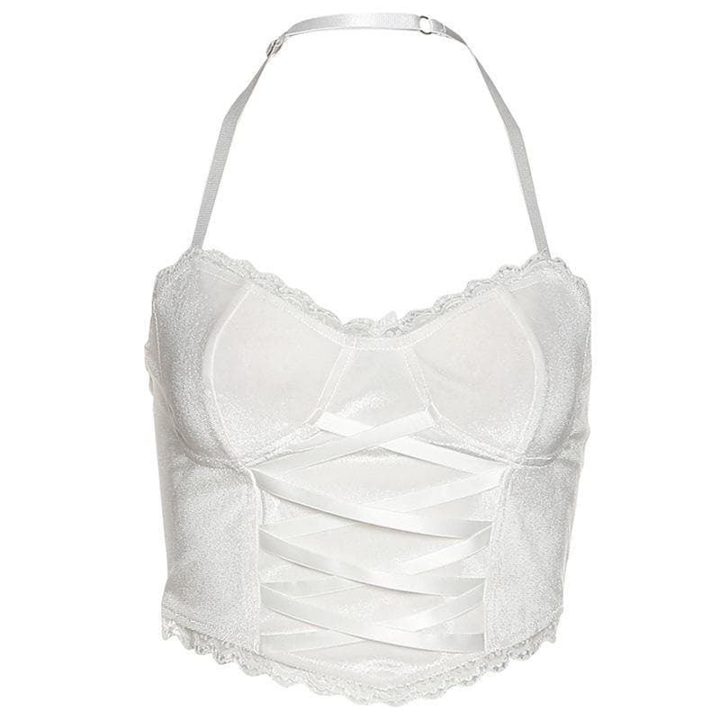 Y2K Lace Backless Halter Crop Top - Cute Coquette & Grunge Aesthetic Fashion