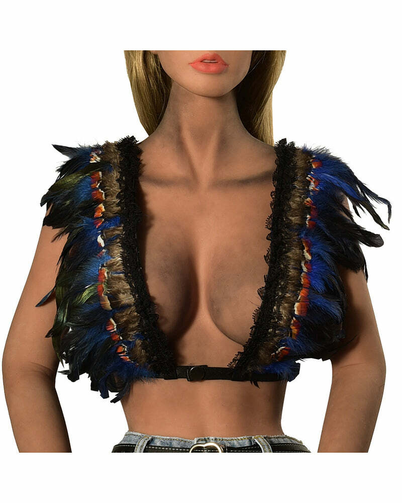 Y2K Lace Blue Feather Lingerie - Coquette Aesthetic, Cute & Comfy for Stylish Nights