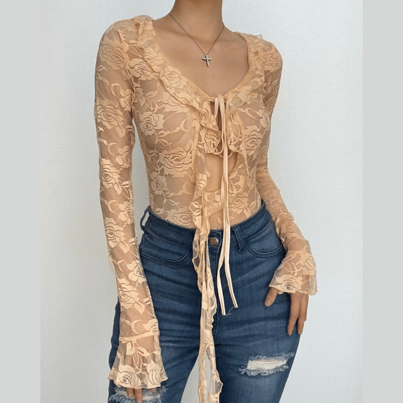 Y2K Lace Bodysuit with Long Flared Sleeves - Coquette & Grunge Aesthetic Top
