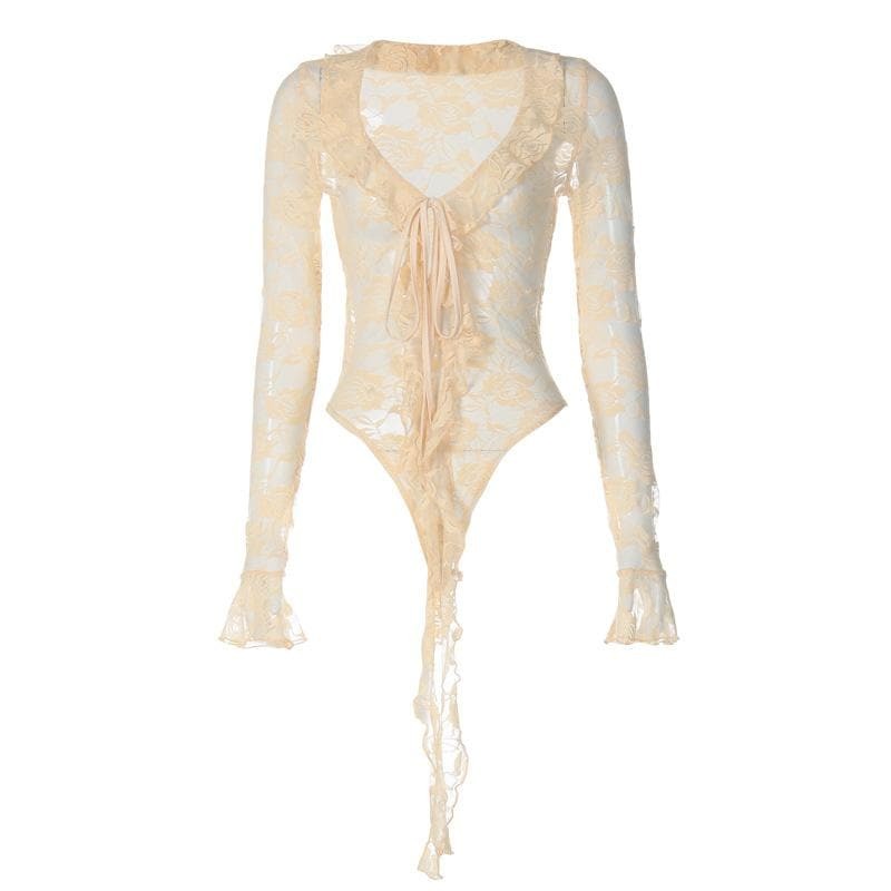 Y2K Lace Bodysuit with Long Flared Sleeves - Coquette & Grunge Aesthetic Top