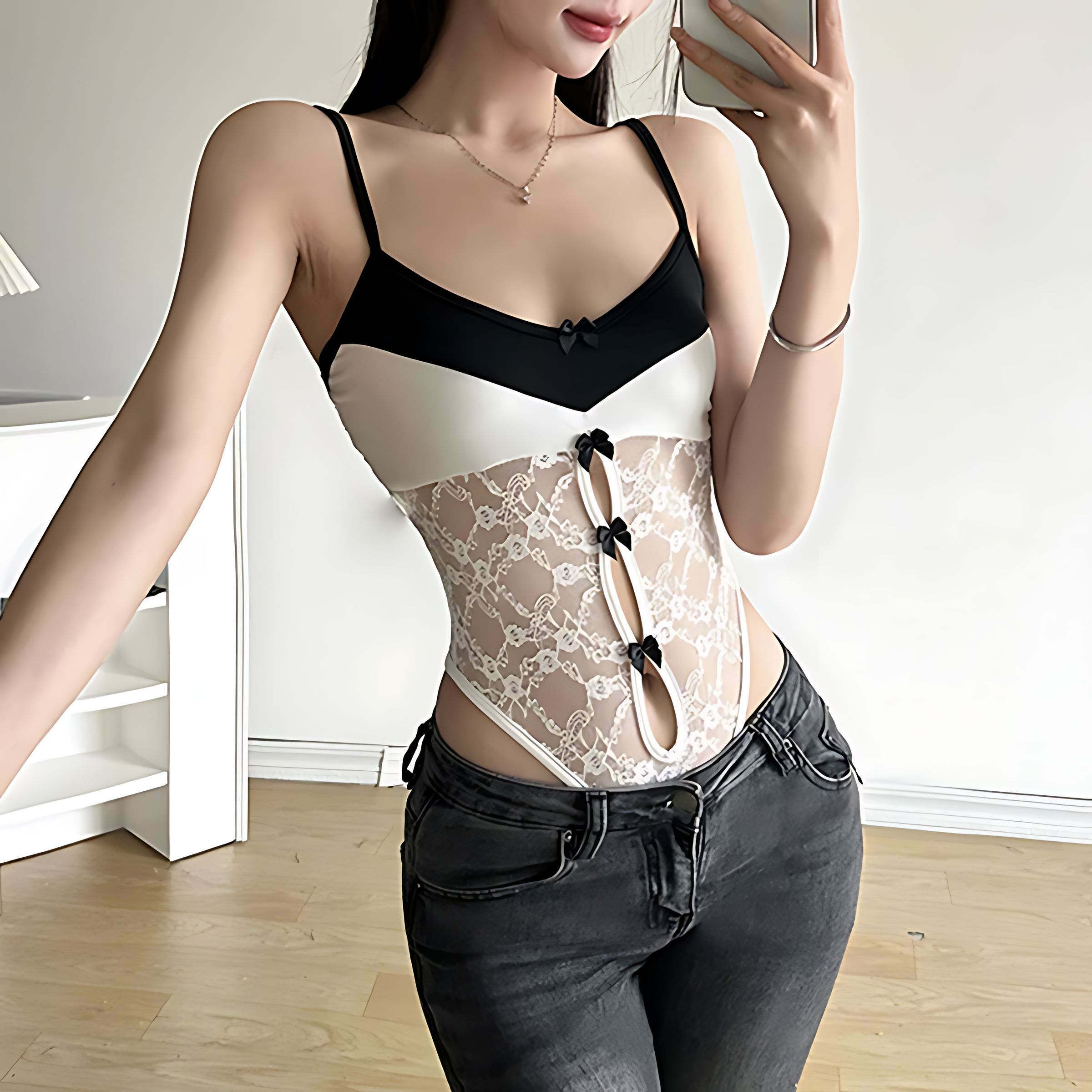 Y2K Lace Bow Bodysuit - Cute Coquette Aesthetic Top for Grunge & Pastel Goth Styles