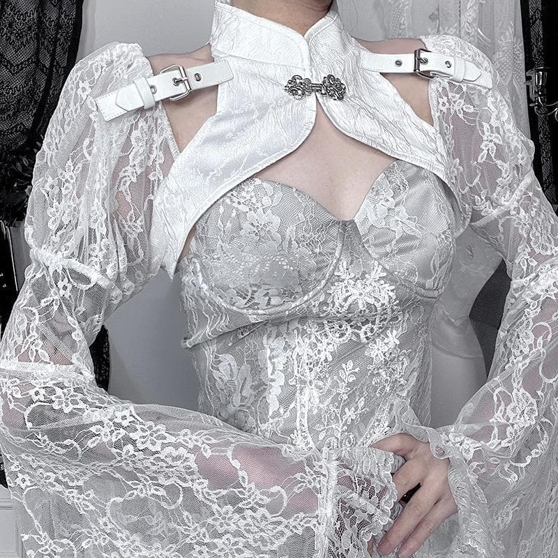 Y2K Lace Buckle Shrug Top - Flared Sleeves for Coquette & Grunge Aesthetic Outfits
