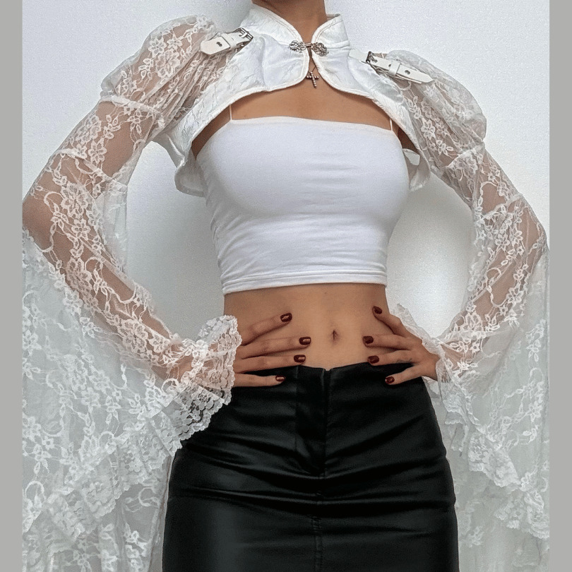 Y2K Lace Buckle Shrug Top - Flared Sleeves for Coquette & Grunge Aesthetic Outfits