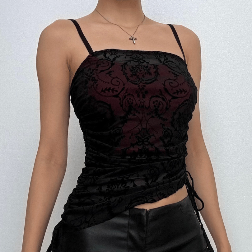 Y2K Lace Drawstring Ruched Cami Top - Cute Coquette Aesthetic for Grunge & Pastel Goth Styles
