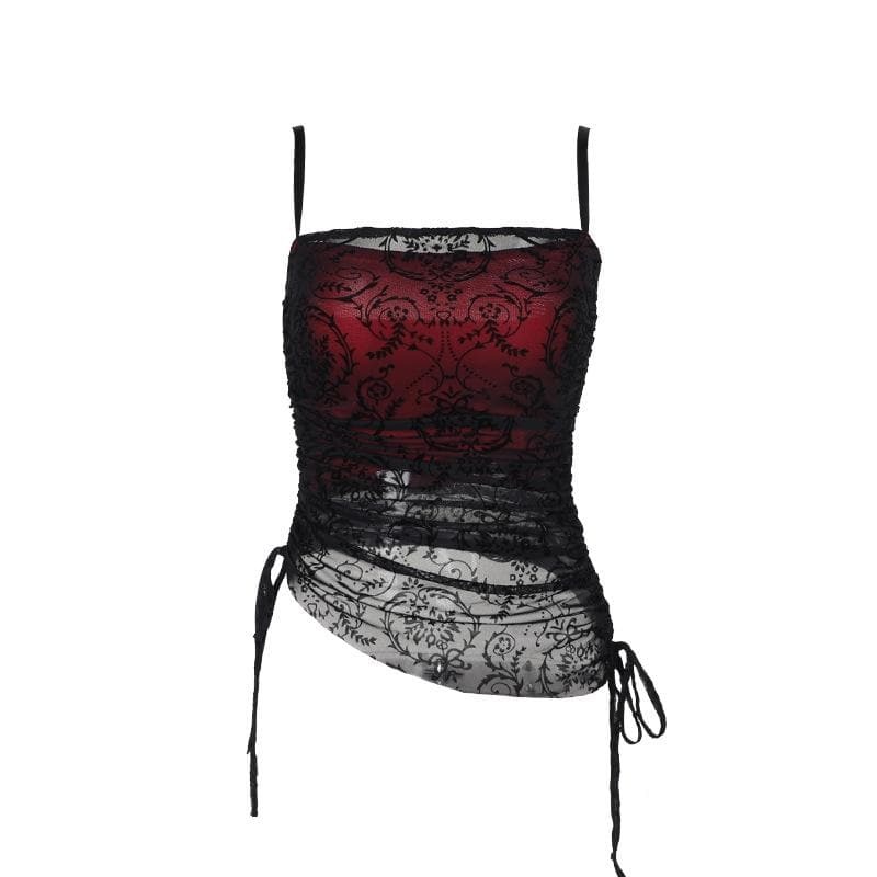 Y2K Lace Drawstring Ruched Cami Top - Cute Coquette Aesthetic for Grunge & Pastel Goth Styles