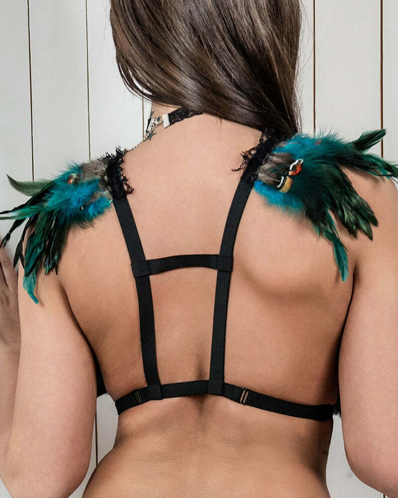 Y2K Lace Green Feather Lingerie - Coquette Aesthetic & Grunge Style Cute Top