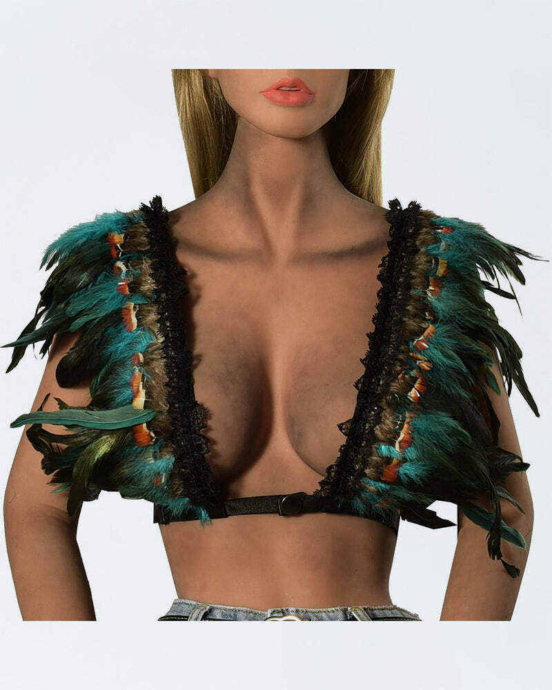 Y2K Lace Green Feather Lingerie - Coquette Aesthetic & Grunge Style Cute Top