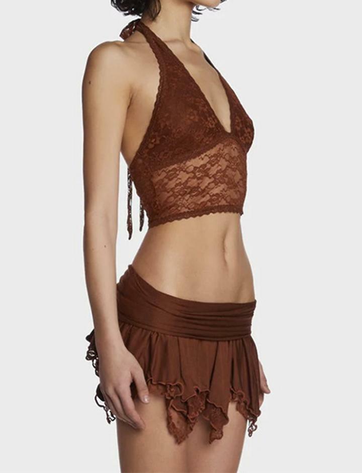 Y2K Lace Halter Neck Strappy Top & Irregular Cargo Skirt Set - Coquette & Grunge Aesthetic