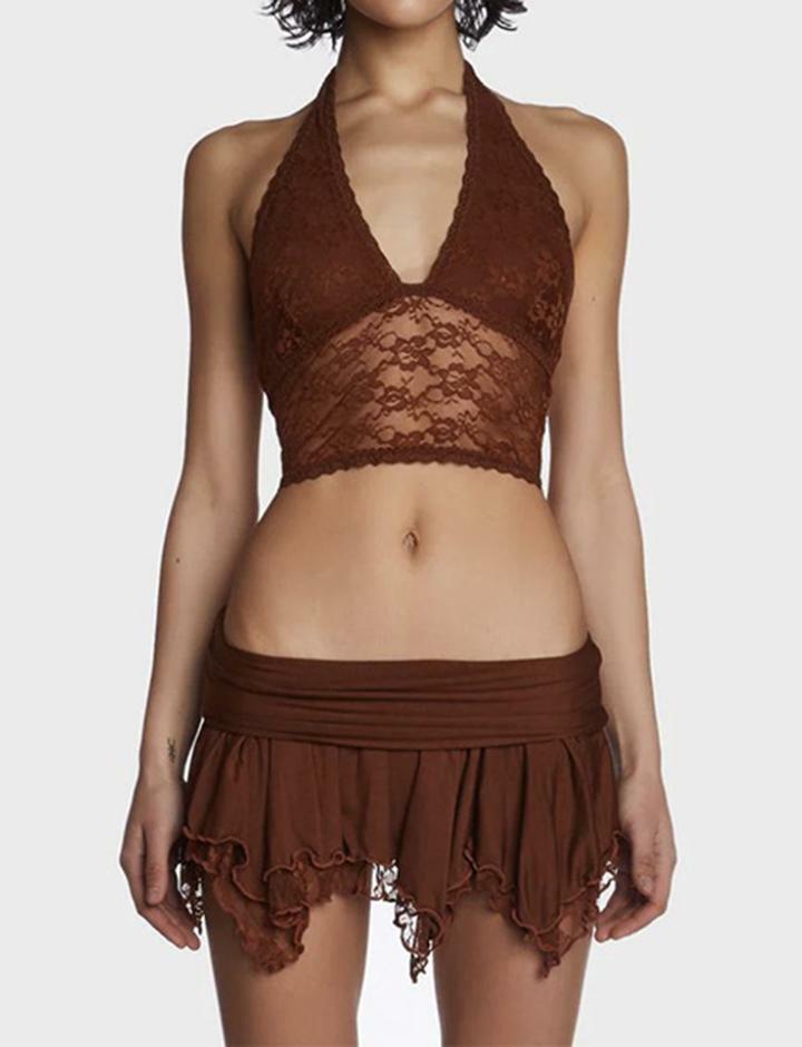 Y2K Lace Halter Neck Strappy Top & Irregular Cargo Skirt Set - Coquette & Grunge Aesthetic