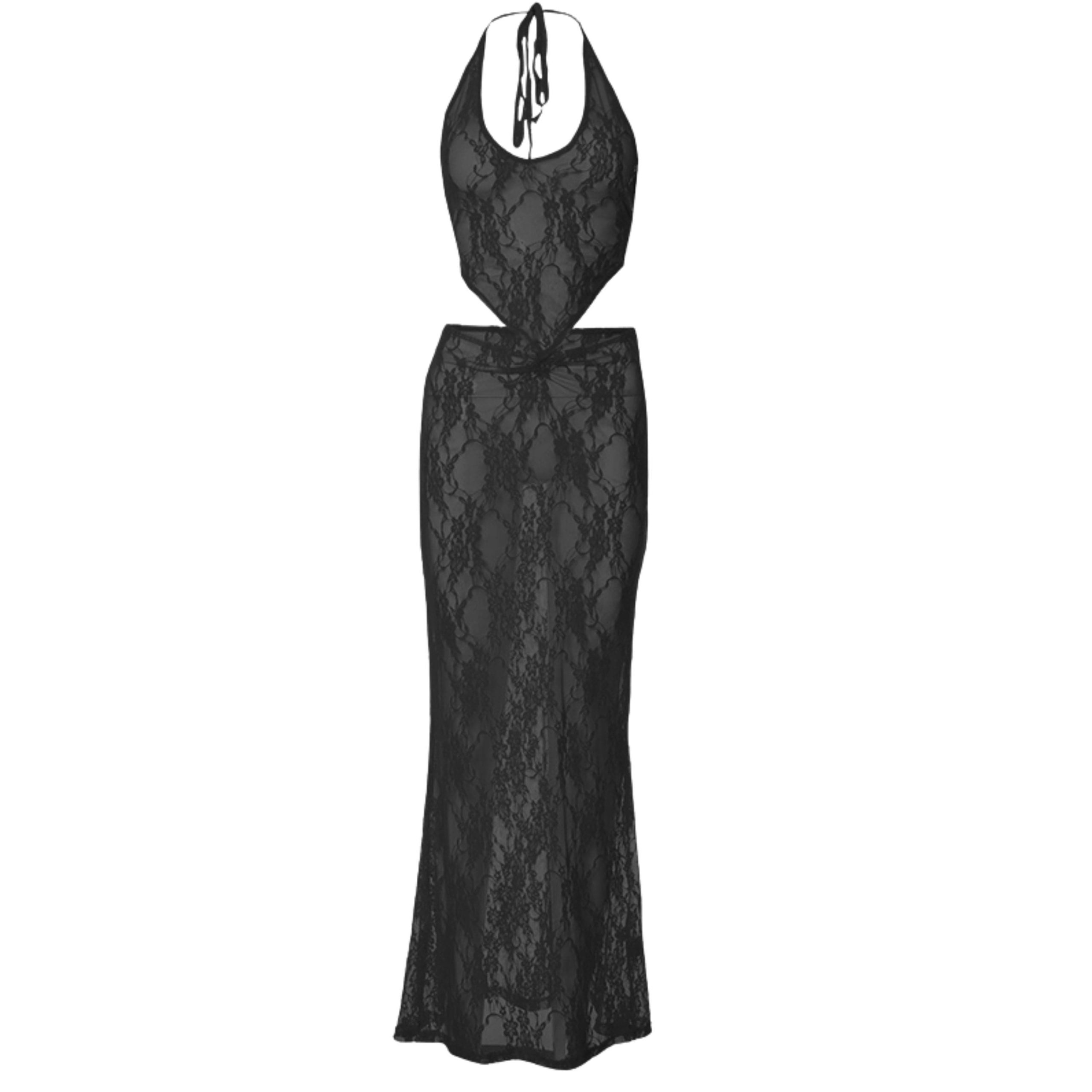 Y2K Lace Halter U-Neck Backless Maxi Skirt Set - Cute Coquette & Grunge Aesthetic