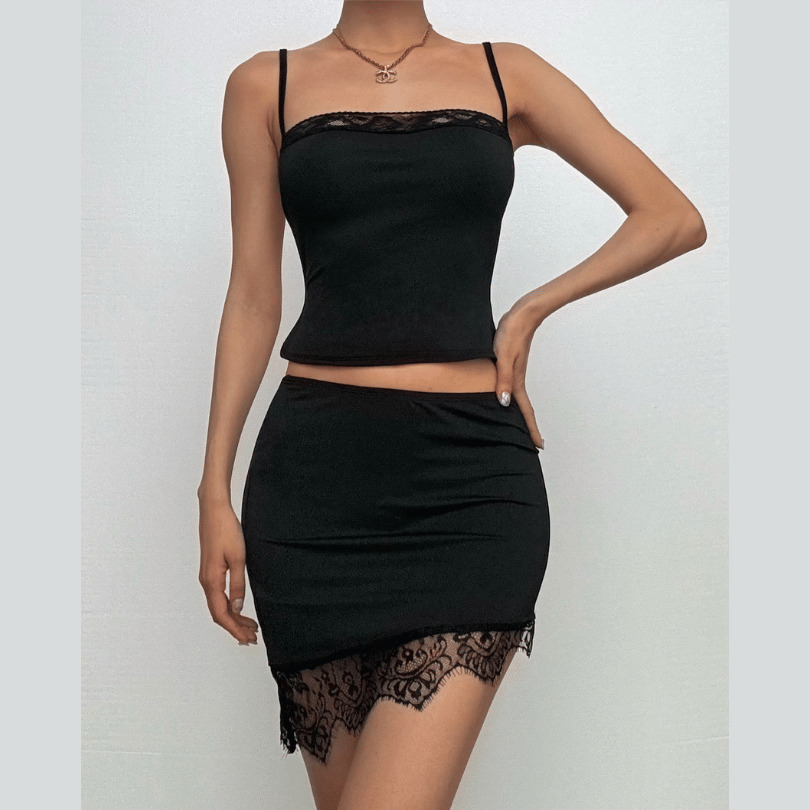 Y2K Lace Hem Backless Cami & Irregular Mini Skirt Set - Coquette & Grunge Aesthetic
