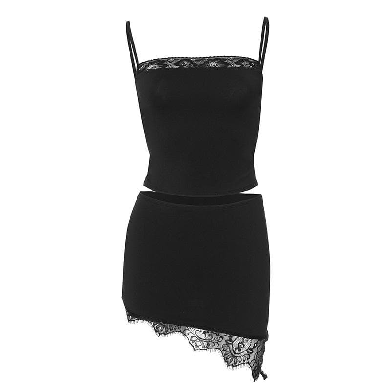 Y2K Lace Hem Backless Cami & Irregular Mini Skirt Set - Coquette & Grunge Aesthetic