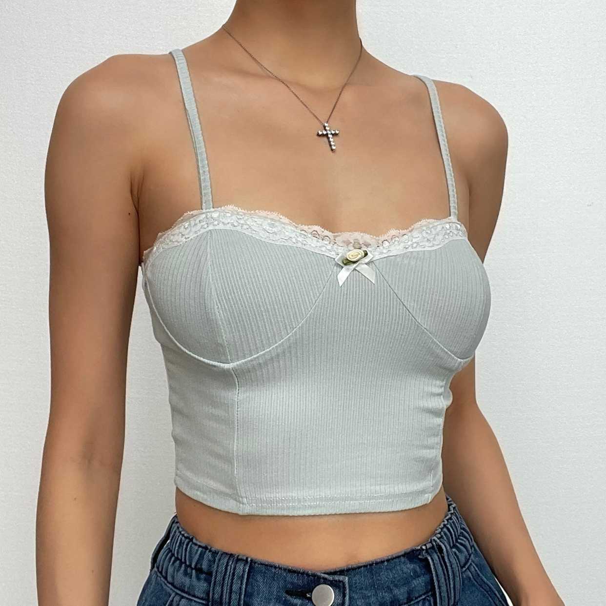 Y2K Lace Hem Backless Cami Crop Top - Cute Pastel Goth & Coquette Aesthetic Style