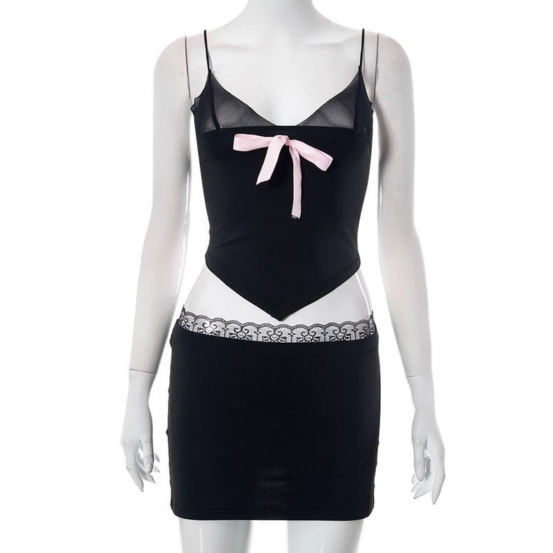 Y2K Lace Hem Bowknot Backless Mini Skirt Set - Cute Coquette Aesthetic Outfit