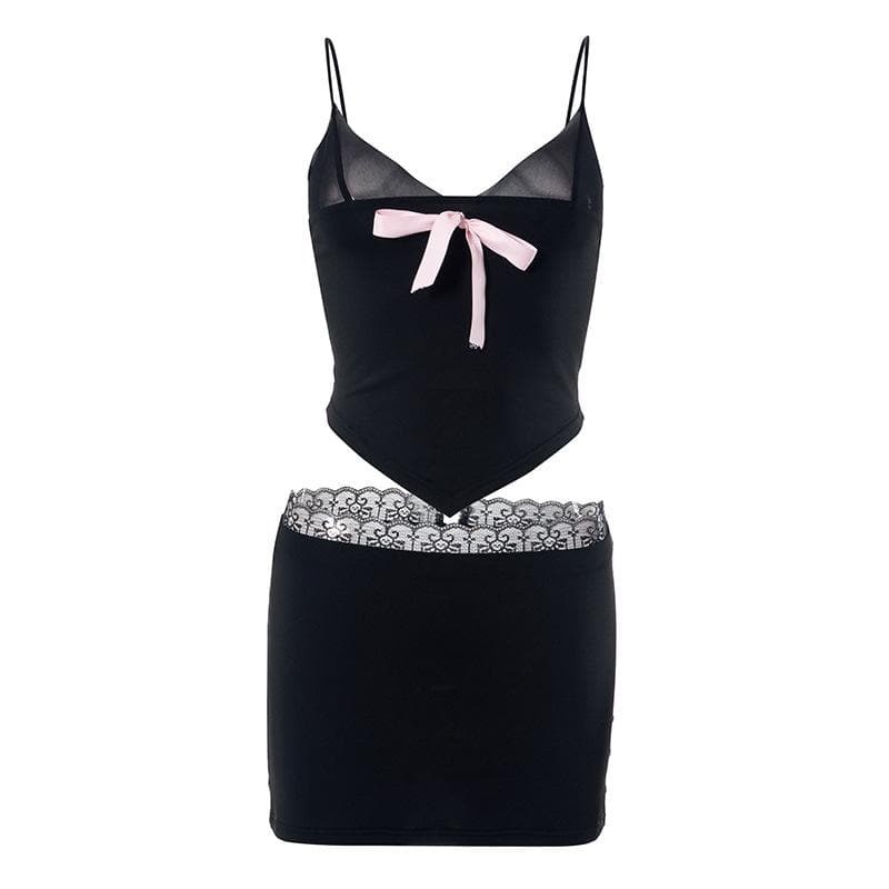 Y2K Lace Hem Bowknot Backless Mini Skirt Set - Cute Coquette Aesthetic Outfit
