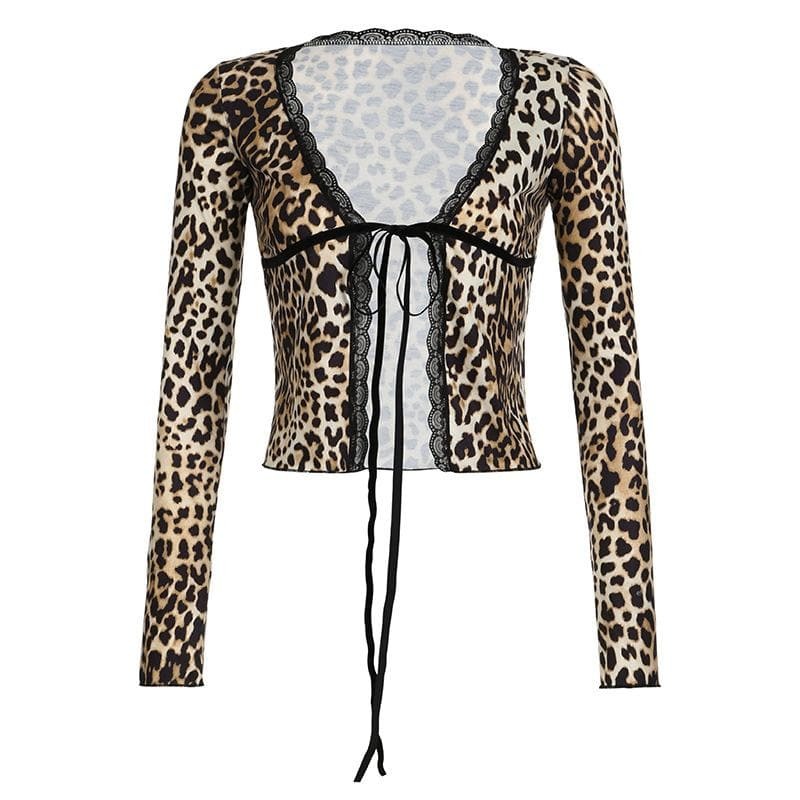 Y2K Lace Hem Leopard Print Ruffle Top - Cute Coquette Style for Aesthetic Outfits