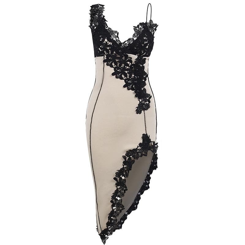 Y2K Lace Hem Mini Dress - Irregular V Neck, Coquette & Grunge Aesthetic Fashion