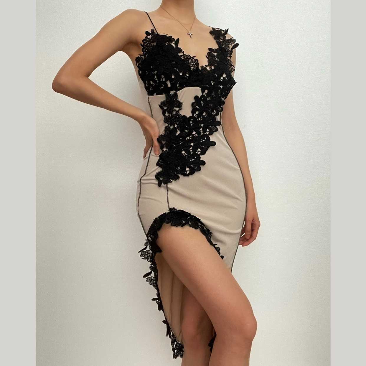 Y2K Lace Hem Mini Dress - Irregular V Neck, Coquette & Grunge Aesthetic Fashion