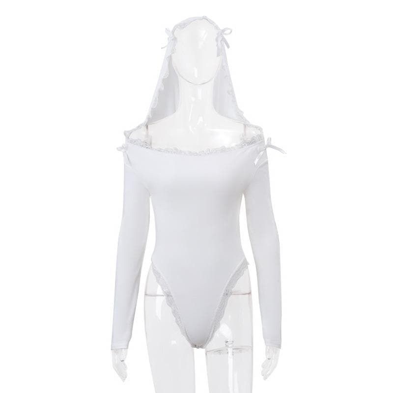 Y2K Lace Hem Off-Shoulder Bodysuit - Comfy Grunge Aesthetic Top for Cute Outfits