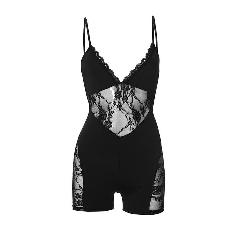 Y2K Lace Hem Patchwork Cami Romper - Cute Coquette & Grunge Aesthetic Outfit