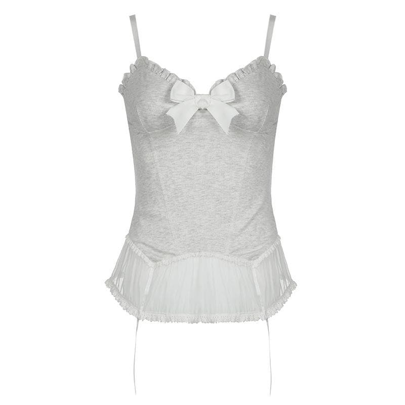 Y2K Lace Hem Ruffle Bowknot Backless Cami Top - Cute Coquette Aesthetic Fashion