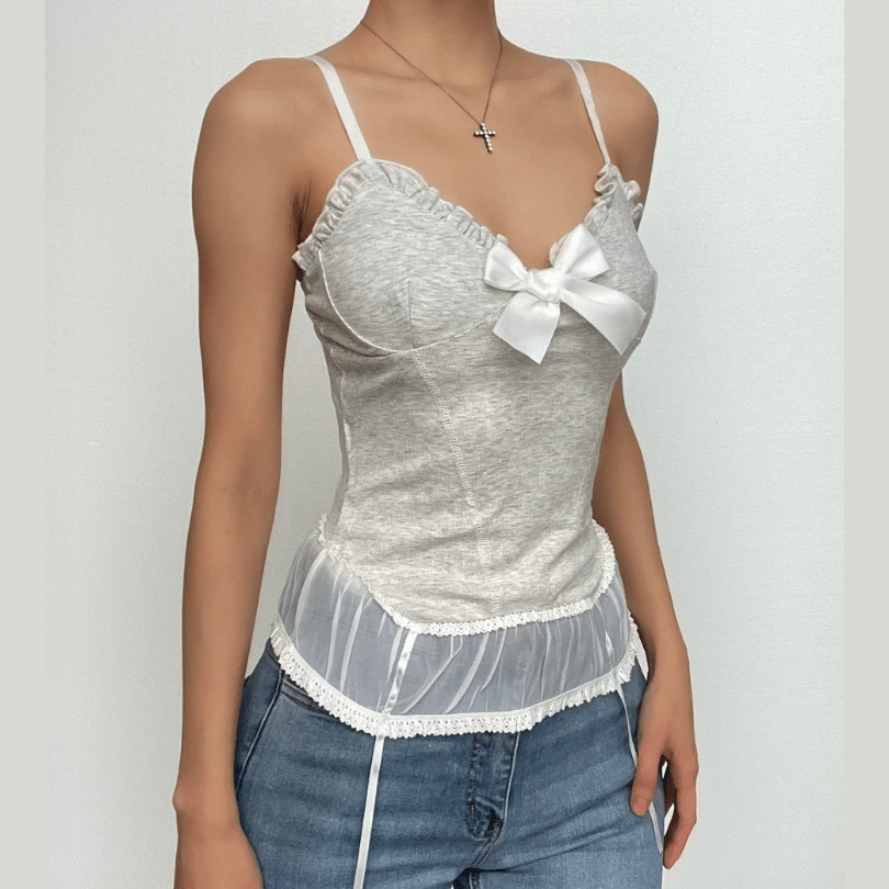 Y2K Lace Hem Ruffle Bowknot Backless Cami Top - Cute Coquette Aesthetic Fashion