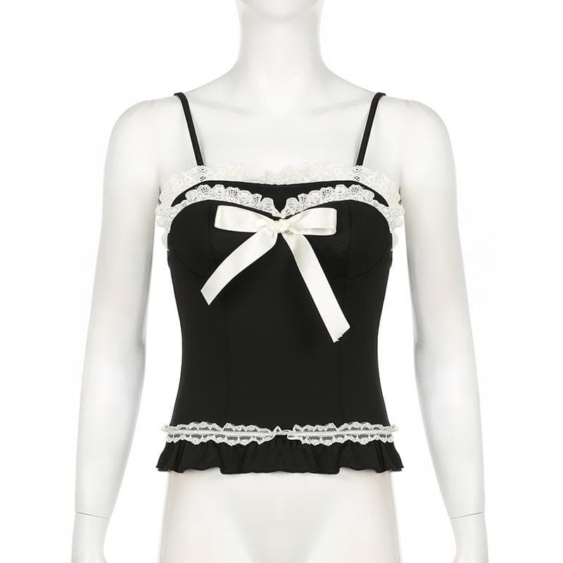 Y2K Lace Hem Ruffle Bowknot Cami Top - Cute Coquette Aesthetic for Trendy Outfits