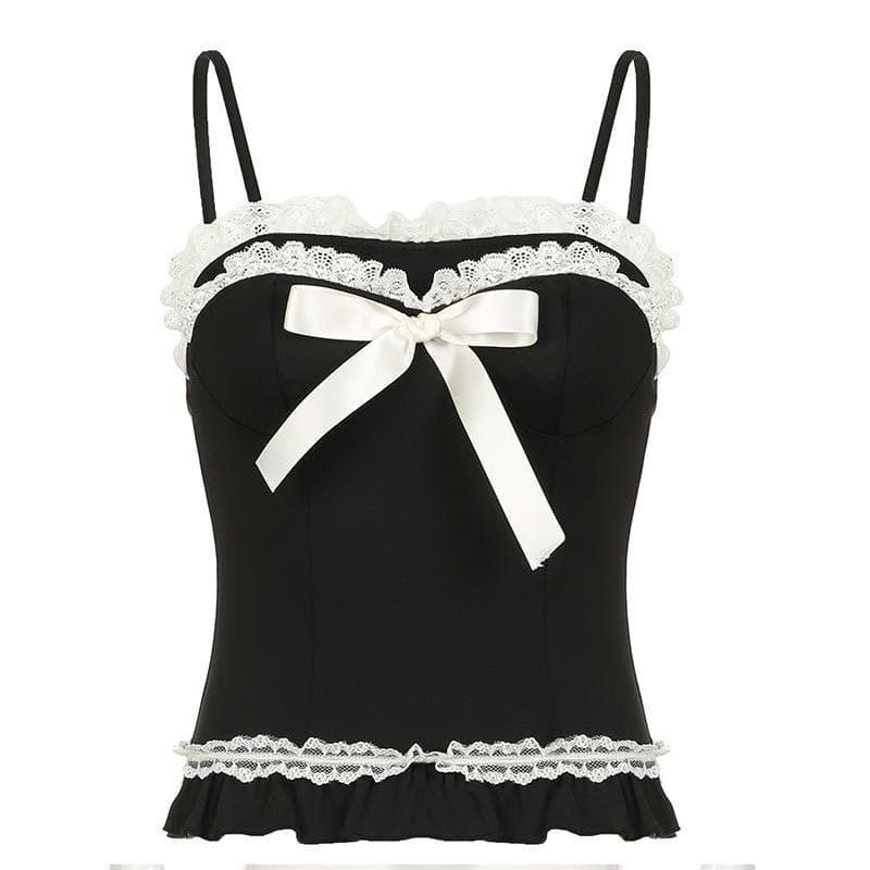 Y2K Lace Hem Ruffle Bowknot Cami Top - Cute Coquette Aesthetic for Trendy Outfits