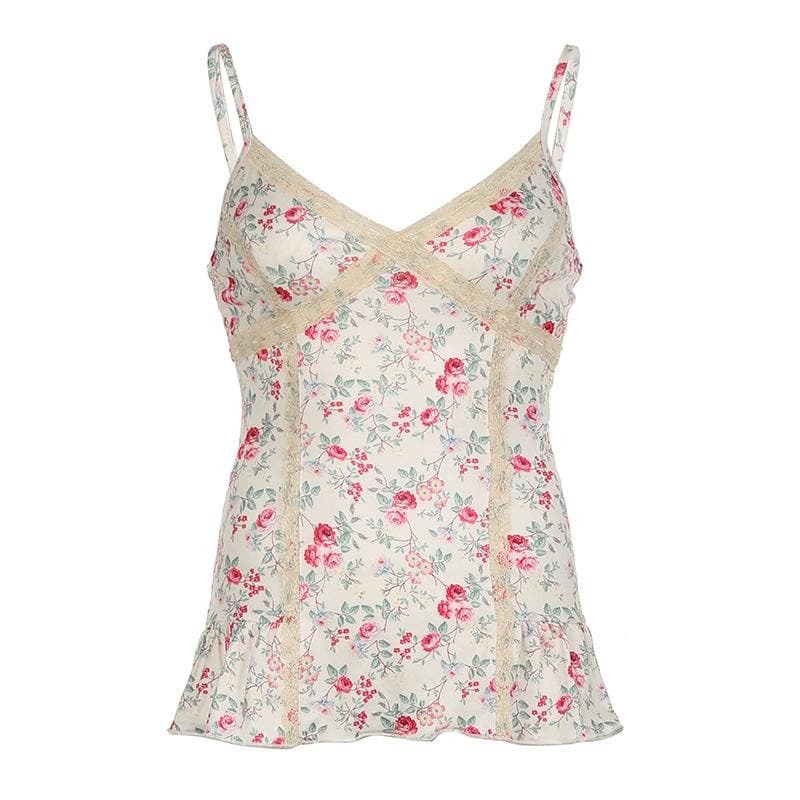 Y2K Lace Hem Ruffle Cami Top - Cute Coquette Aesthetic for Grunge & Pastel Goth Styles