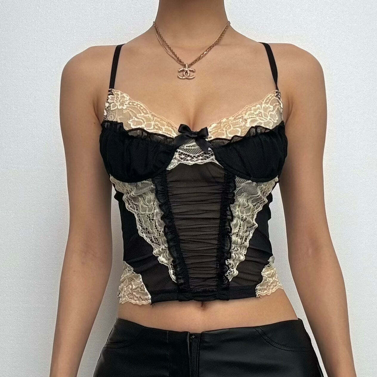Y2K Lace Hem Ruffle Crop Top - Coquette & Grunge Aesthetic Patchwork Cross Back Style