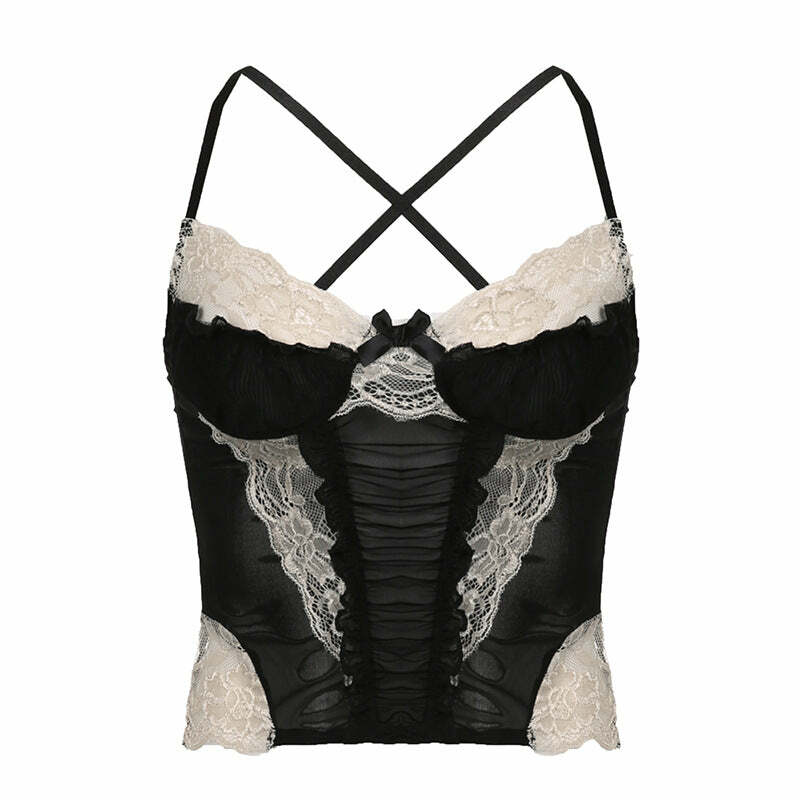 Y2K Lace Hem Ruffle Crop Top - Coquette & Grunge Aesthetic Patchwork Cross Back Style