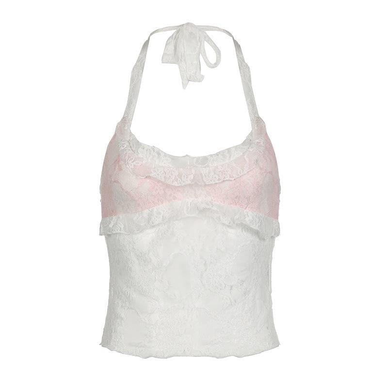 Y2K Lace Hem Ruffle Halter Top - Cute Coquette & Grunge Aesthetic Fashion Essential