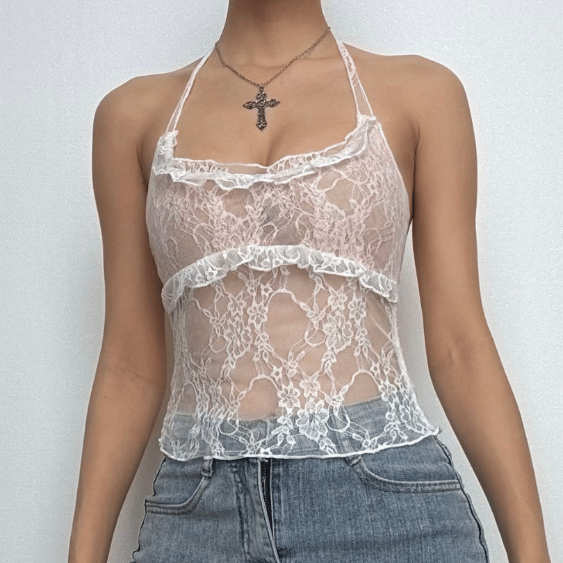 Y2K Lace Hem Ruffle Halter Top - Cute Coquette & Grunge Aesthetic Fashion Essential