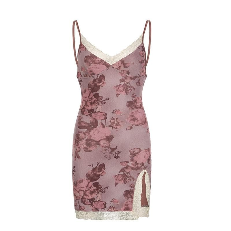 Y2K Lace Hem Slit V-Neck Rose Print Cami Mini Dress - Coquette & Grunge Aesthetic