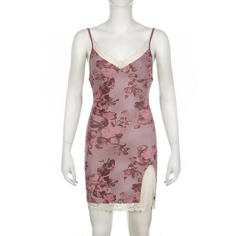 Y2K Lace Hem Slit V-Neck Rose Print Cami Mini Dress - Coquette & Grunge Aesthetic