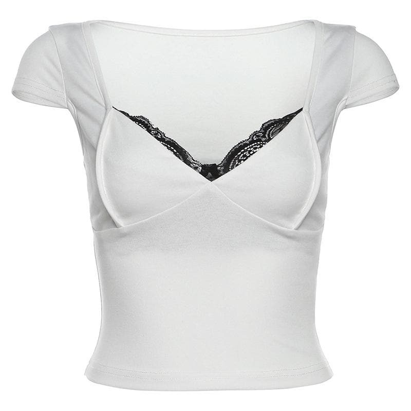 Y2K Lace Hem V-Neck Contrast Top - Cute Aesthetic for Coquette & Grunge Styles