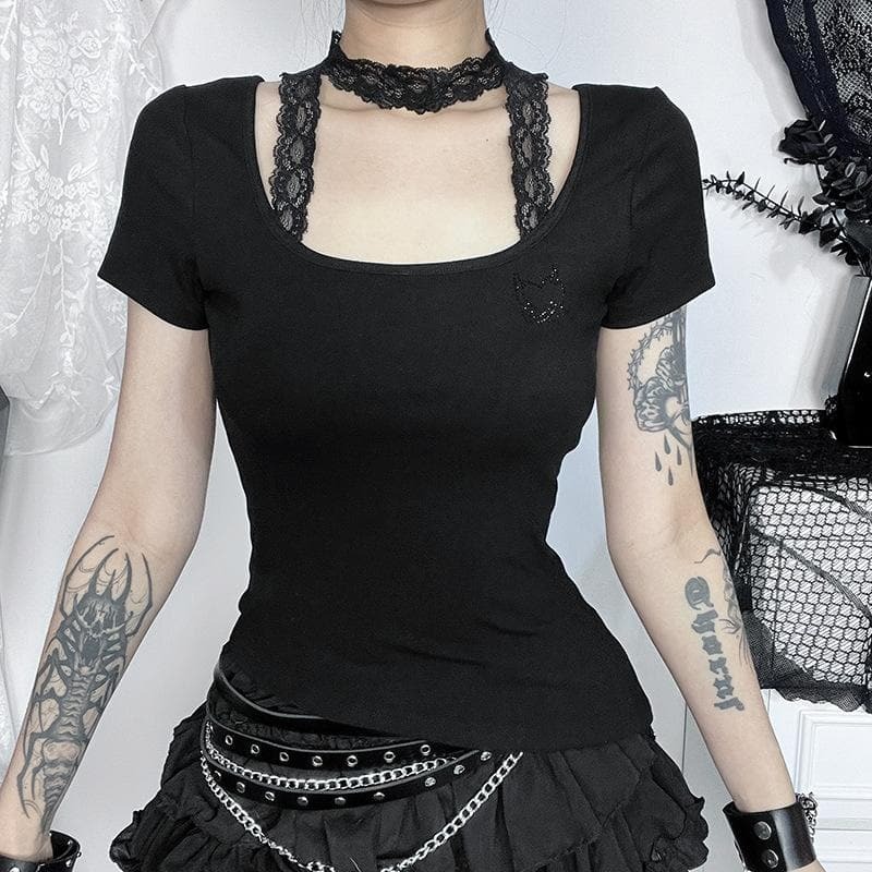 Y2K Lace Irregular Halter Top - Cute Coquette & Grunge Aesthetic Short Sleeve Style